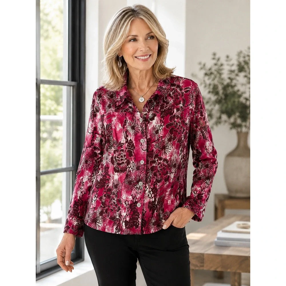 Chico's Pink Floral Button Front Jacket Size 2 Large Cotton Blend Long Sleeve - Picture 3 of 7
